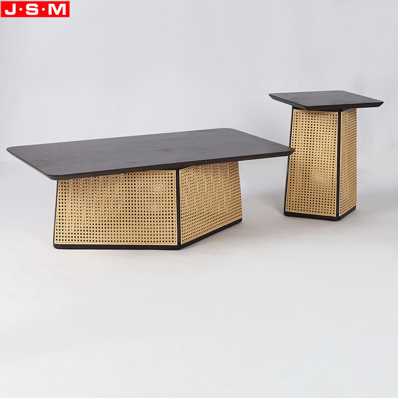 Ash Timber Base Living Room Wood Table Top Side Table With PE Plastic Rattan Decoration