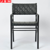 Luxury Outdoor Woven Black Leather Cross Base Dining Chairs With Armrests
