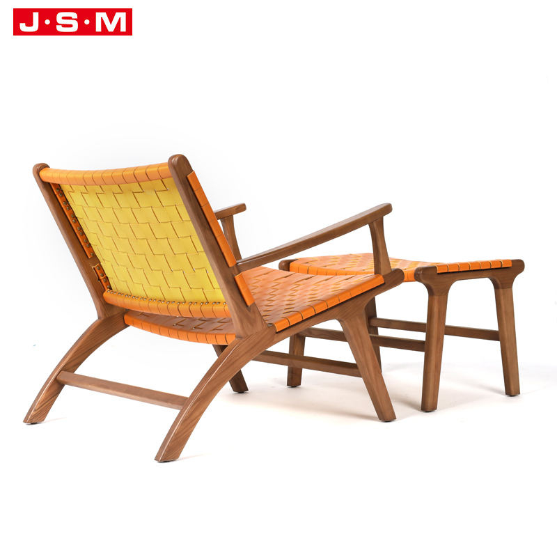 Vintage Artificial Leather Seat Rattan Weave Armchair Foot Stool With Ash Timber Frame