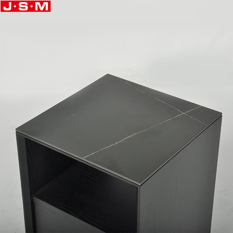 Nordic Living Room Furniture Bedroom Wooden Bedside Rock Slab Table Top Black Nightstand With Drawer